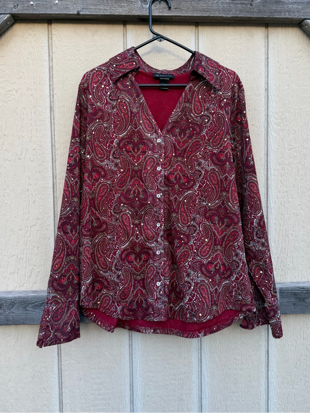 INC International Concepts Paisley Button-Down red burgundy long sleeve top